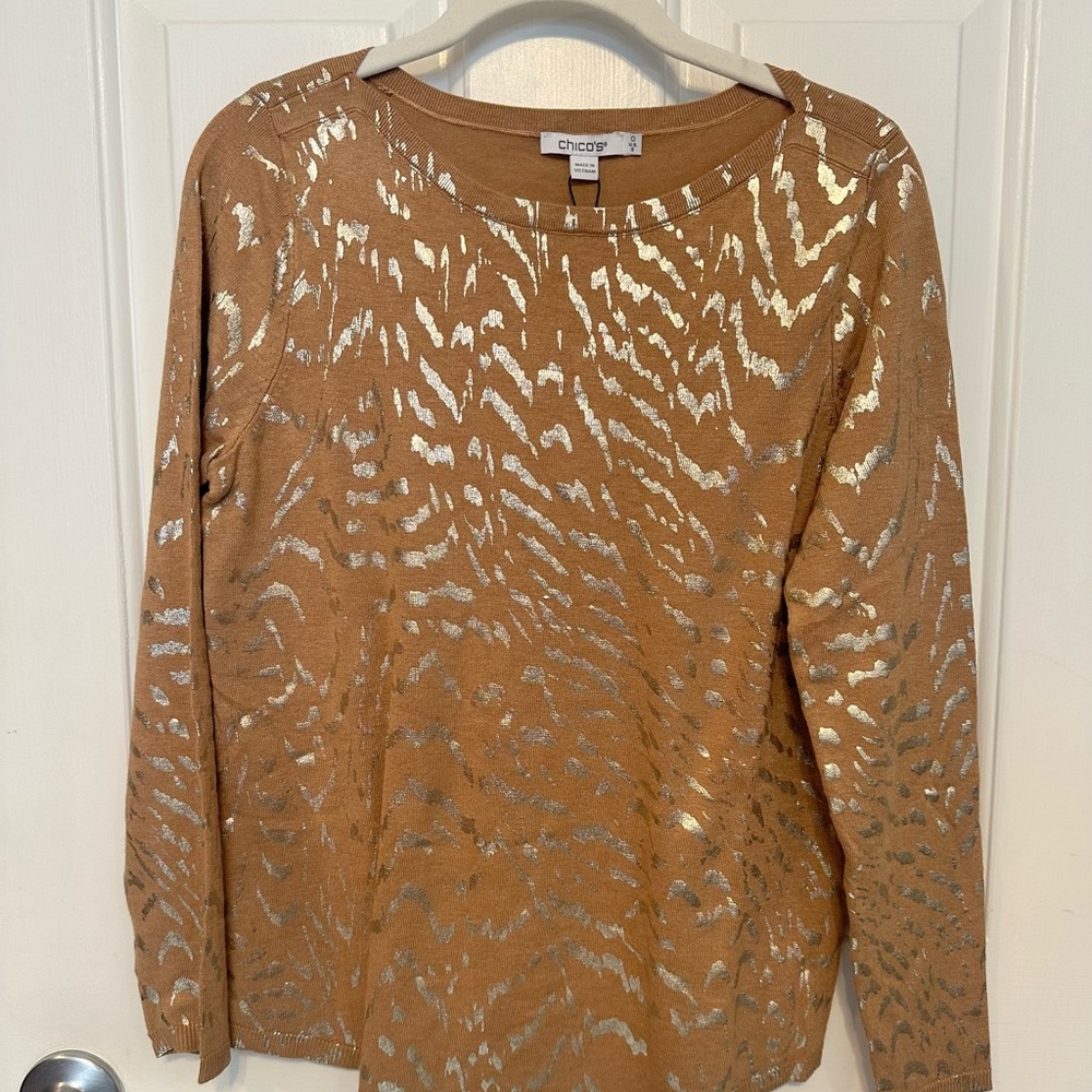 Chico's Ella Boatneck pullover sweater w/ gold foil design. NWT